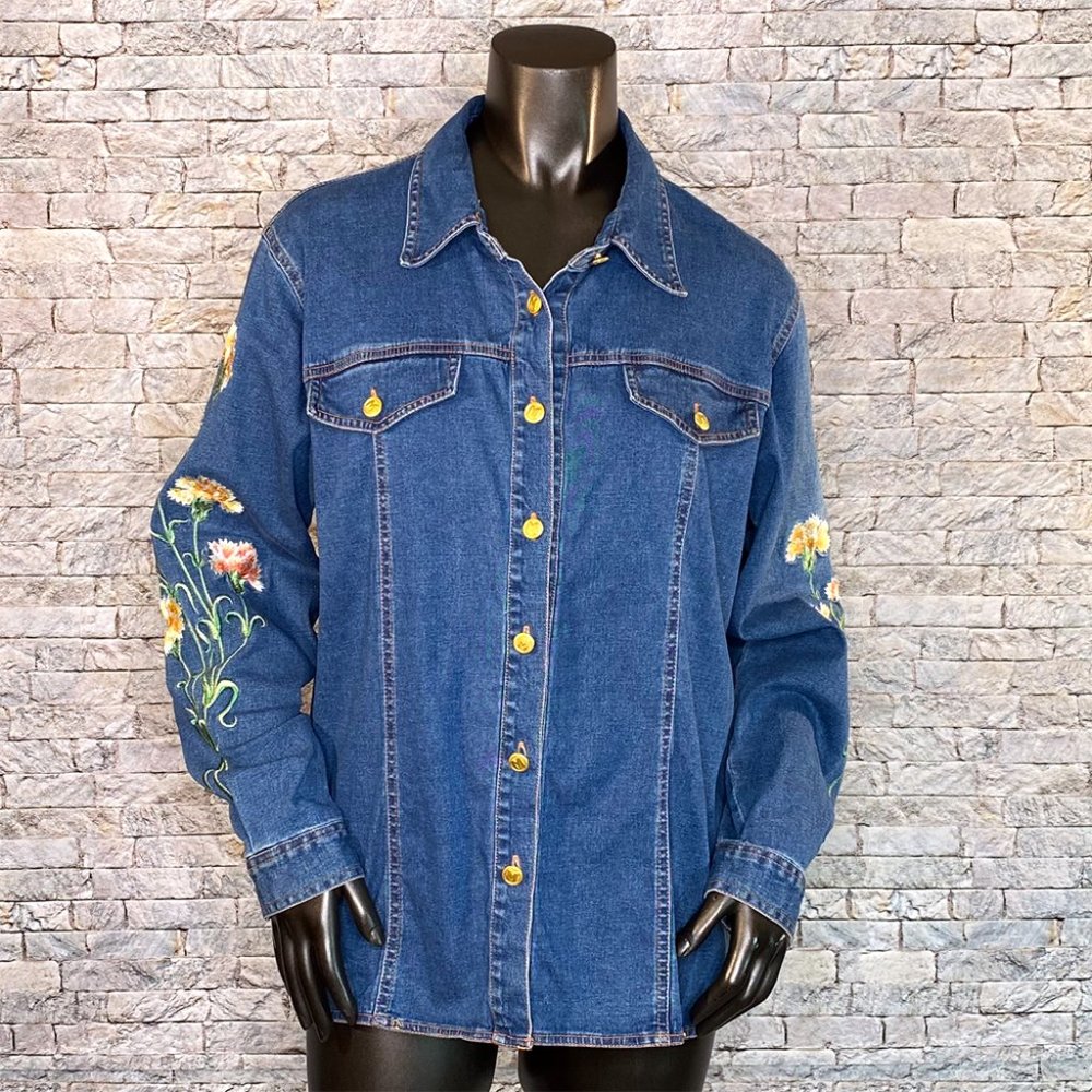 Bob Mackie Blue Denim Button Down Shirt with Floral Embroidery